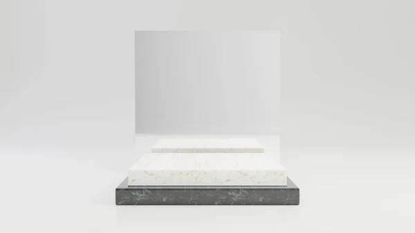 Square Svart Och Vit Marmor Piedestal Steg Med Silver Ram — Stockfoto