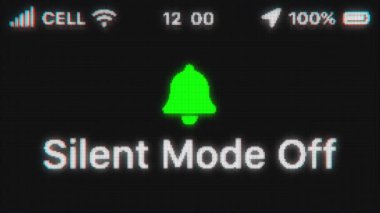 Silent Mode Off eski ekranda görünüyor. Telefon hud 'lu pikselli metin animasyonu. Yeşil çan simgesi