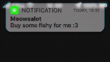 Kediden yiyecek alma uyarısı eski ekranda görünüyor. Telefon hud 'lu pikselli metin animasyonu. 4k 60 fps.