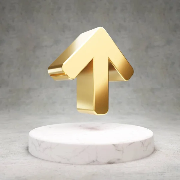 アイコンを上に矢印 ホワイト大理石の表彰台にゴールド光沢のある矢印アップシンボル ウェブサイト ソーシャルメディア プレゼンテーション デザインテンプレート要素のためのモダンなアイコン 3Dレンダリング — ストック写真
