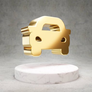 Araba ikonu. Beyaz mermer kürsüde altın renkli parlak araba sembolü. Web sitesi için modern simge, sosyal medya, sunum, tasarım şablonu ögesi. 3 Boyutlu Hazırlama.