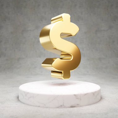 Dolar simgesi. Beyaz mermer kürsüde altın parıltılı dolar sembolü. Web sitesi için modern simge, sosyal medya, sunum, tasarım şablonu ögesi. 3 Boyutlu Hazırlama.