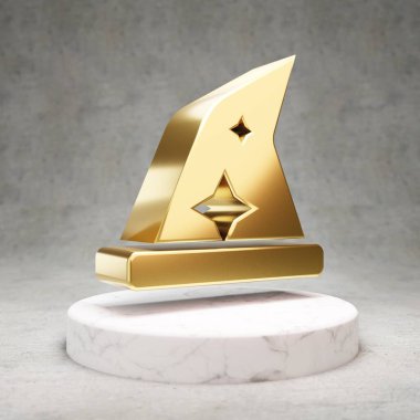 Büyücü Şapkası simgesi. Beyaz mermer kürsüde altın parıltılı Büyücü Şapkası sembolü. Web sitesi için modern simge, sosyal medya, sunum, tasarım şablonu ögesi. 3 Boyutlu Hazırlama.