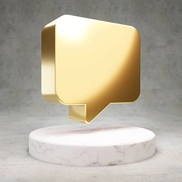 Ikona Komentarza Złoty Błyszczący Symbol Komentarza Białym Marmurowym Podium Nowoczesna — Zdjęcie stockowe