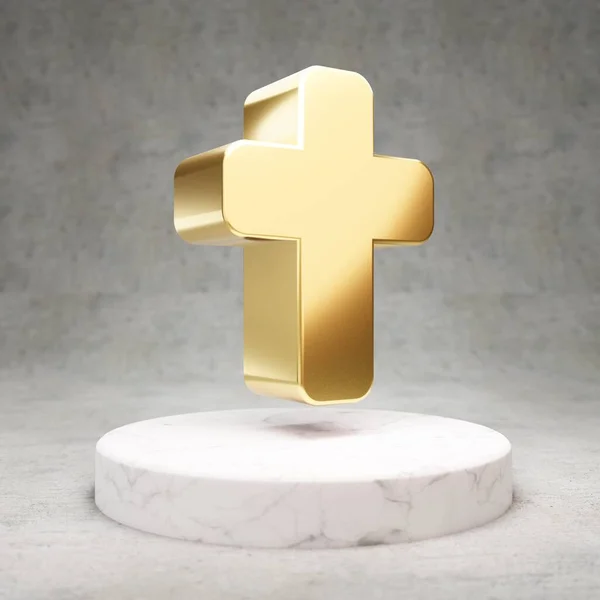 Cross Icon Gold Glossy Cross Symbol White Marble Podium Modern — Stock Photo, Image