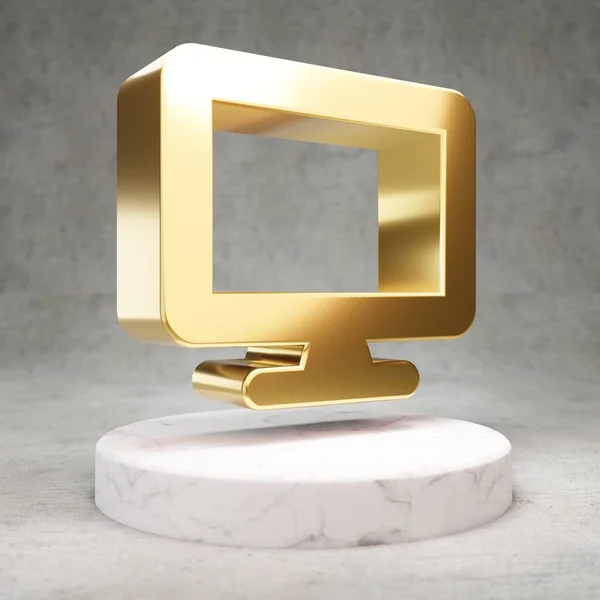 Desktop icon. Gold glossy Desktop symbol on white marble podium. Modern icon for website, social media, presentation, design template element. 3D render.