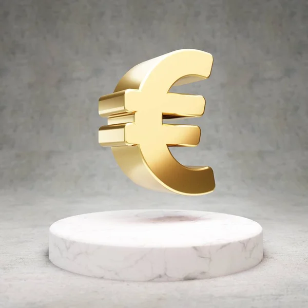 Euron Kuvake Kulta Kiiltävä Euro Symboli Valkoinen Marmori Korokkeella Moderni — kuvapankkivalokuva