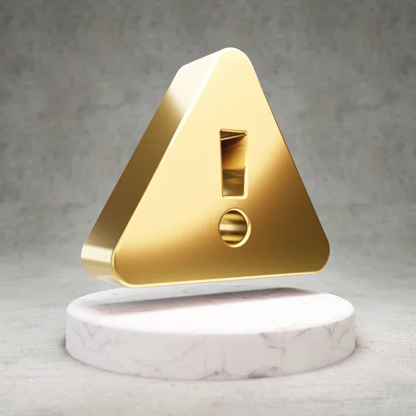 Exclamation Triangle icon. Gold glossy Exclamation Triangle symbol on white marble podium. Modern icon for website, social media, presentation, design template element. 3D render.