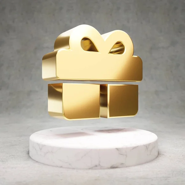 Значок Подарка Золотой Глянцевый Символ Подарок Подиуме Белого Мрамора Современная — стоковое фото