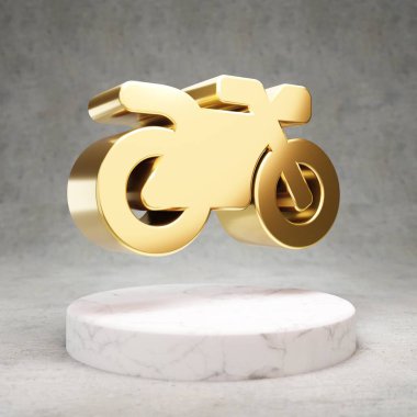 Motosiklet ikonu. Beyaz mermer kürsüde altın renkli motosiklet sembolü. Web sitesi için modern simge, sosyal medya, sunum, tasarım şablonu ögesi. 3 Boyutlu Hazırlama.