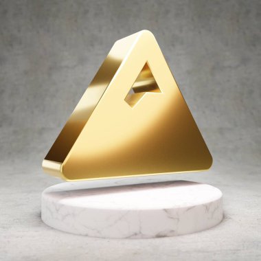 Dağ ikonu. Beyaz mermer kürsüde altın parıltılı dağ sembolü. Web sitesi için modern simge, sosyal medya, sunum, tasarım şablonu ögesi. 3 Boyutlu Hazırlama.