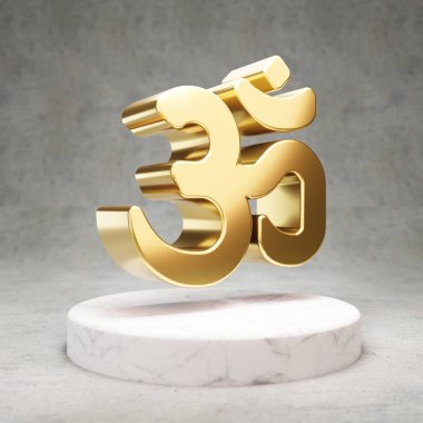 Om simgesi. Beyaz mermer kürsüde altın sarısı Om sembolü. Web sitesi için modern simge, sosyal medya, sunum, tasarım şablonu ögesi. 3 Boyutlu Hazırlama.