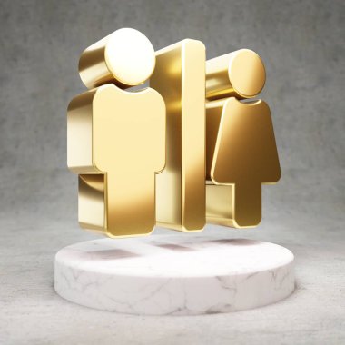 Tuvalet ikonu. Beyaz mermer kürsüde altın renkli tuvalet sembolü. Web sitesi için modern simge, sosyal medya, sunum, tasarım şablonu ögesi. 3 Boyutlu Hazırlama.