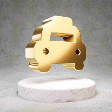 Taksi ikonu. Beyaz mermer kürsüde altın parıltılı taksi sembolü. Web sitesi için modern simge, sosyal medya, sunum, tasarım şablonu ögesi. 3 Boyutlu Hazırlama.