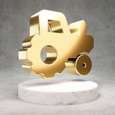 Traktör ikonu. Beyaz mermer kürsüde altın renkli traktör sembolü. Web sitesi için modern simge, sosyal medya, sunum, tasarım şablonu ögesi. 3 Boyutlu Hazırlama.