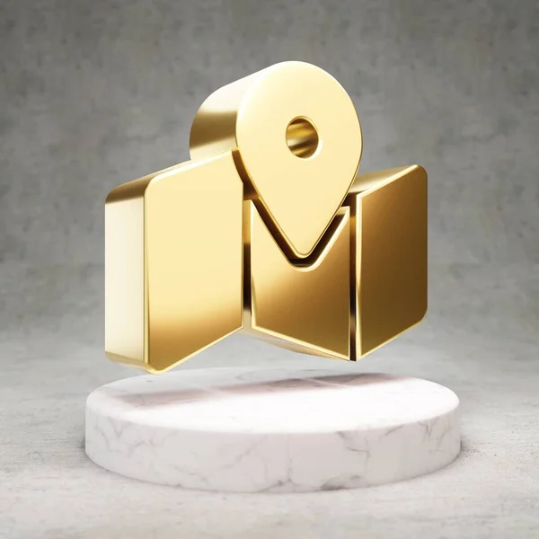 Map Marked icon. Gold glossy Map Marked symbol on white marble podium. Modern icon for website, social media, presentation, design template element. 3D render.