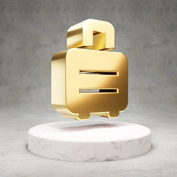 Rollkoffer Goldglänzender Koffer Rollendes Symbol Auf Weißem Marmorpodest Modernes Symbol — Stockfoto