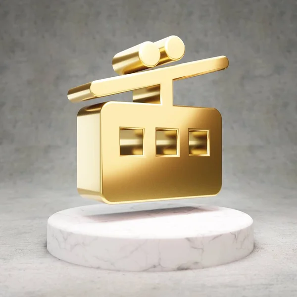 Ikona Tramwaju Złoty Błyszczący Symbol Tramwaju Białym Marmurowym Podium Nowoczesna — Zdjęcie stockowe