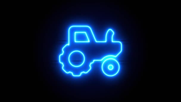 拖拉机上的霓虹灯在中间出现 过了一段时间就消失了 黑色背景上的动画蓝色霓虹灯图标 循环动画 — 图库视频影像
