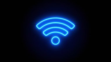Kablosuz ağ neon levhası bir süre sonra ortada belirir ve kaybolur. Siyah arkaplanda mavi renkli animasyon simgesi. Döngülü canlandırma