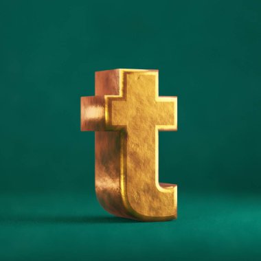 Tidewater Green geçmişinde Fortuna Gold Harfi T küçük harfi. Eğilim renk yazı tipi sembolü. 3d hazırlayıcı.