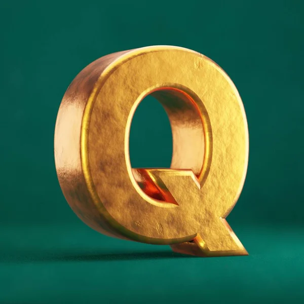 緑の背景にフォーチュナゴールドレターQの大文字 トレンドカラーフォントタイプシンボル 3Dレンダリング — ストック写真