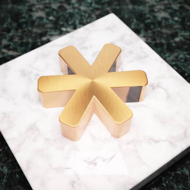 Asterisk simgesi. Beyaz mermer kürsüde Bronz Asterisk sembolü. Web sitesi için simge, sosyal medya, sunum, tasarım şablonu ögesi. 3 Boyutlu Hazırlama.