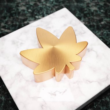 Kenevir ikonu. Beyaz mermer kürsüde bronz kenevir sembolü. Web sitesi için simge, sosyal medya, sunum, tasarım şablonu ögesi. 3 Boyutlu Hazırlama.