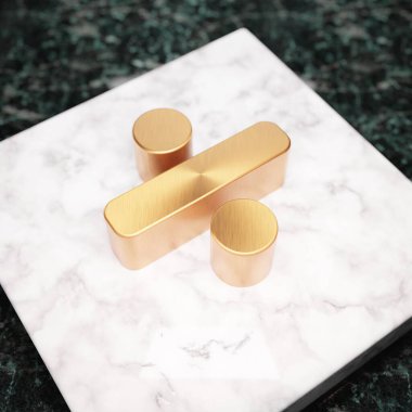 Simgeyi böl. Beyaz mermer kürsüde Bronz Bölünme sembolü. Web sitesi için simge, sosyal medya, sunum, tasarım şablonu ögesi. 3 Boyutlu Hazırlama.