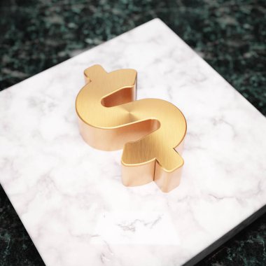 Dolar simgesi. Beyaz mermer kürsüde bronz dolar sembolü. Web sitesi için simge, sosyal medya, sunum, tasarım şablonu ögesi. 3 Boyutlu Hazırlama.