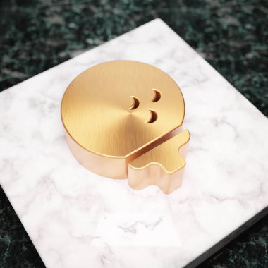 Golf topu ikonu. Beyaz mermer kürsüde Bronz Golf Topu sembolü. Web sitesi için simge, sosyal medya, sunum, tasarım şablonu ögesi. 3 Boyutlu Hazırlama.