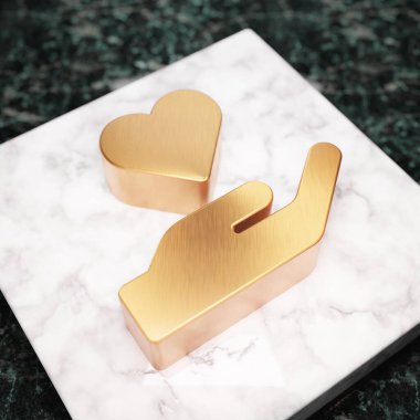 El ele tutuşan kalp ikonu. Beyaz mermer kürsüde Bronz El Tutma Kalbi sembolü. Web sitesi için simge, sosyal medya, sunum, tasarım şablonu ögesi. 3 Boyutlu Hazırlama.