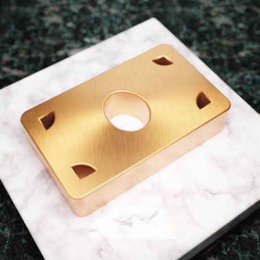 Para Bill ikonu. Beyaz mermer kürsüde Bronz Para Bill sembolü. Web sitesi için simge, sosyal medya, sunum, tasarım şablonu ögesi. 3 Boyutlu Hazırlama.