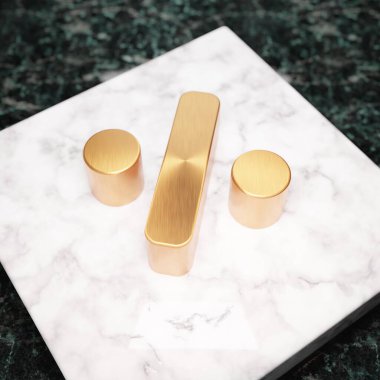 Yüzde simgesi. Beyaz mermer kürsüde bronz yüzde işareti. Web sitesi için simge, sosyal medya, sunum, tasarım şablonu ögesi. 3 Boyutlu Hazırlama.