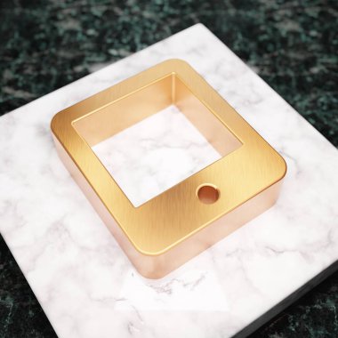 Tablet simgesi. Beyaz mermer kürsüde bronz tablet sembolü. Web sitesi için simge, sosyal medya, sunum, tasarım şablonu ögesi. 3 Boyutlu Hazırlama.