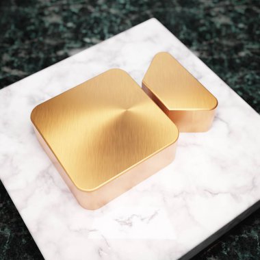 Video simgesi. Beyaz mermer kürsüde bronz video sembolü. Web sitesi için simge, sosyal medya, sunum, tasarım şablonu ögesi. 3 Boyutlu Hazırlama.