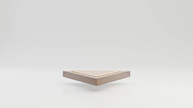 Beyaz arka planda izole edilmiş altın kaplama üçgen ahşap bir podyum. Ürün yerleştirme için 3d oluşturulmuş asgari soyut arkaplan kavramı.