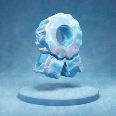 Ödül ikonu. Mavi kar podyumunda açık mavi buz ödülü sembolü. Web sitesi, sunum ve tasarım şablonu için Sosyal Ortam Simgesi. 3 Boyutlu Hazırlama.