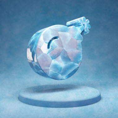 Bomba ikonu. Mavi kar podyumunda çatlamış mavi buz bombası sembolü. Web sitesi, sunum ve tasarım şablonu için Sosyal Ortam Simgesi. 3 Boyutlu Hazırlama.