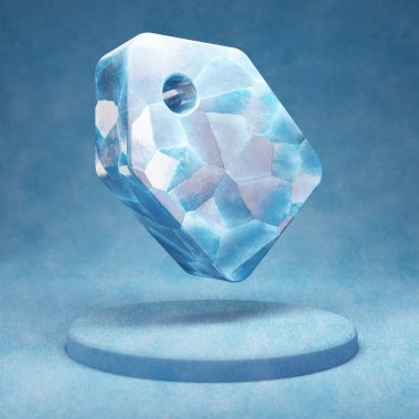 Etiket simgesi. Mavi kar podyumunda çatlamış mavi buz etiketi sembolü. Web sitesi, sunum ve tasarım şablonu için Sosyal Ortam Simgesi. 3 Boyutlu Hazırlama.