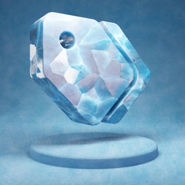 Etiket simgesi. Mavi kar podyumunda çatlamış mavi buz etiketi sembolü. Web sitesi, sunum ve tasarım şablonu için Sosyal Ortam Simgesi. 3 Boyutlu Hazırlama.