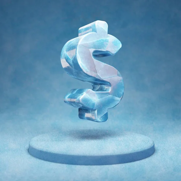 Dollar Icoon Gebarsten Blauwe Ice Dollar Symbool Blauwe Sneeuw Podium — Stockfoto