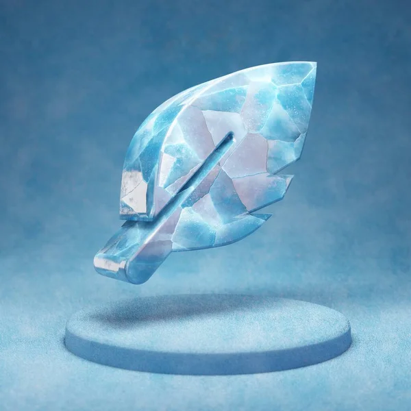 Feather Icon Cracked Blue Ice Feather Symbol Blue Snow Podium — Stock Photo, Image