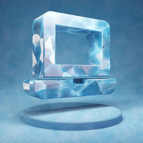 Значок Ноутбука Треснувший Синий Символ Лёдового Портативного Компьютера Синем Подиуме — стоковое фото