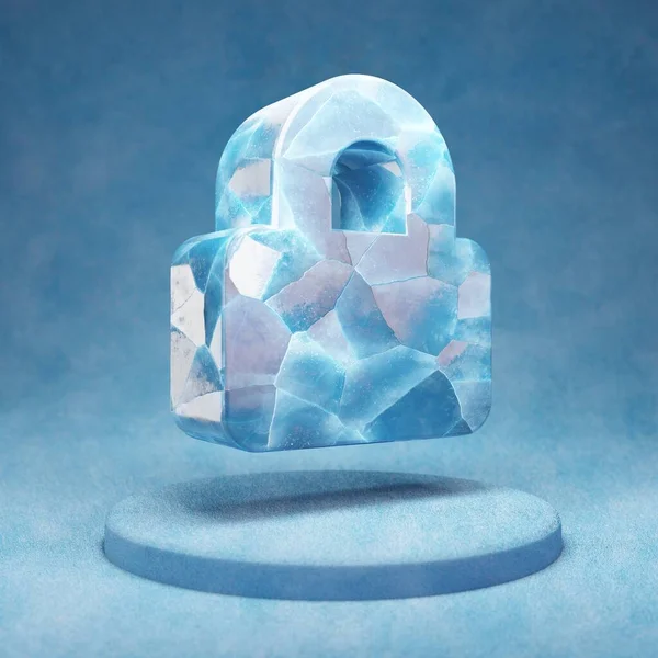 Lock Icon Cracked Blue Ice Lock Symbol Blue Snow Podium — Stock Photo, Image