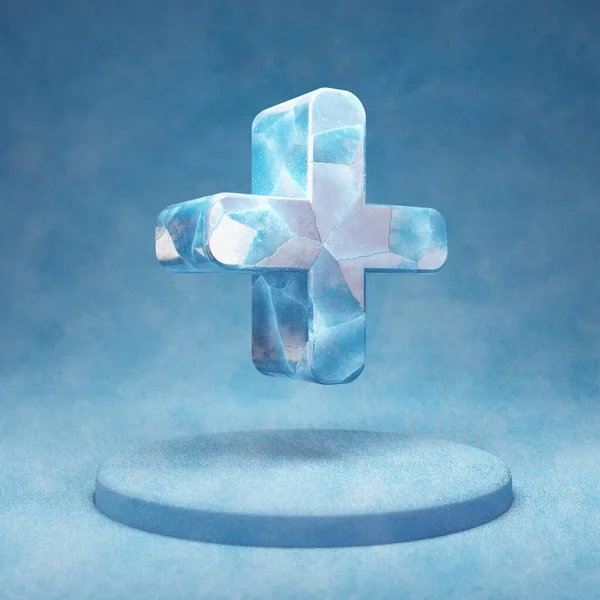 加上图标 蓝色雪台上裂开的蓝色冰加符号 社交媒体图标用于网站 设计模板元素 3D渲染 — 图库照片