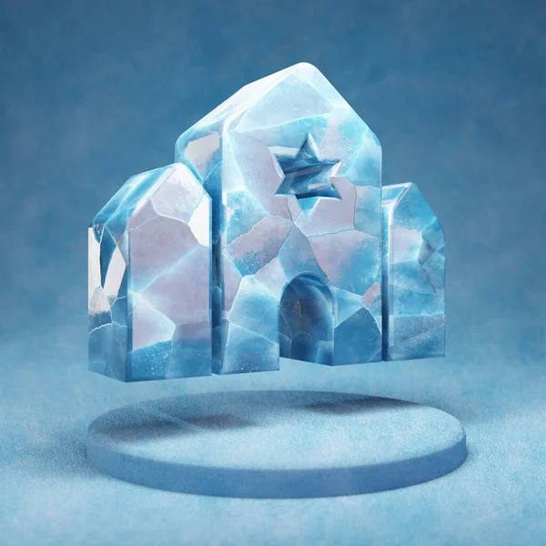 シナゴーグアイコン 青い雪の表彰台に砕いた青い氷のシナゴーグのシンボル ウェブサイト プレゼンテーション デザインテンプレート要素のソーシャルメディアアイコン 3Dレンダリング — ストック写真