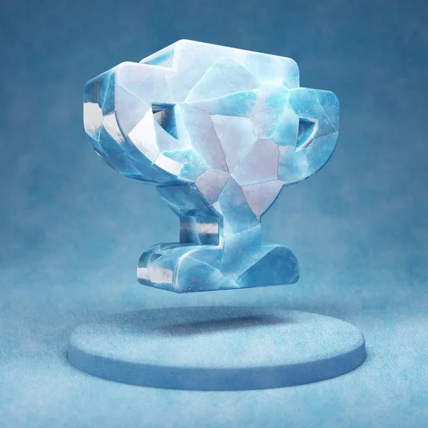 奖杯的图标 蓝色雪台上的碎冰蓝色冰杯标志 社交媒体图标用于网站 设计模板元素 3D渲染 — 图库照片