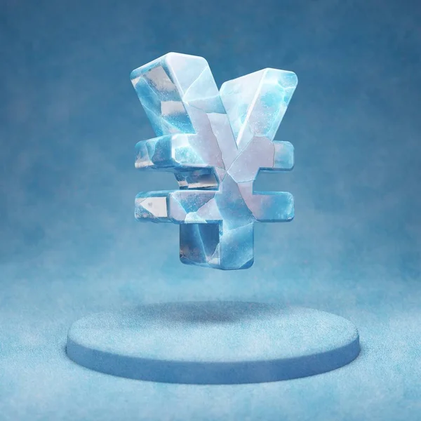 Ikona Jenu Prasklý Modrý Ice Yen Symbol Modrém Sněhu Pódium — Stock fotografie