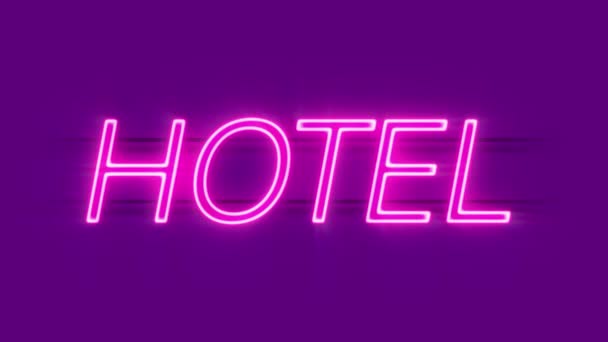 Hotel neon teken verschijnen op violette achtergrond. — Stockvideo